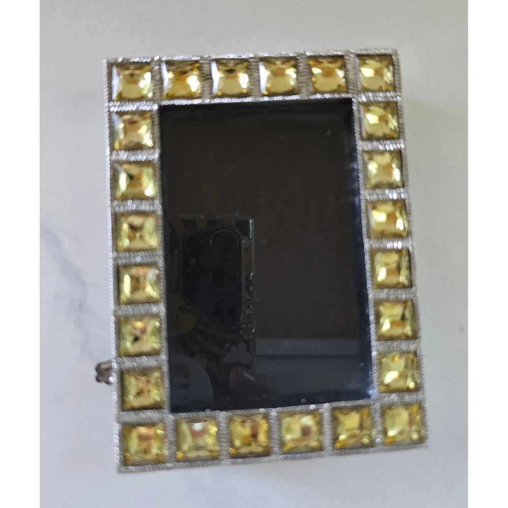 Two's Company Silver Jeweled Picture Frame Yellow Citrine Crystals Velvet‎ Back